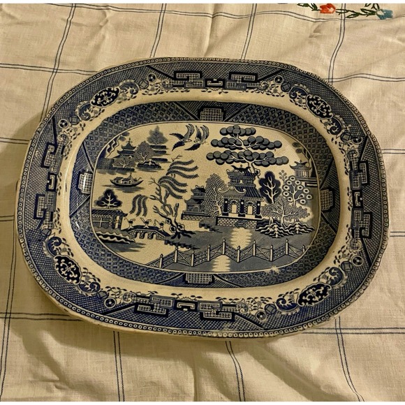 S.W. Other - Antique S.W. Blue & White Ironstone Blue Willow Oval Platter 1860's-1890's